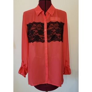 Sheer Coral Blouse w/ Lace Applique,  Size Medium